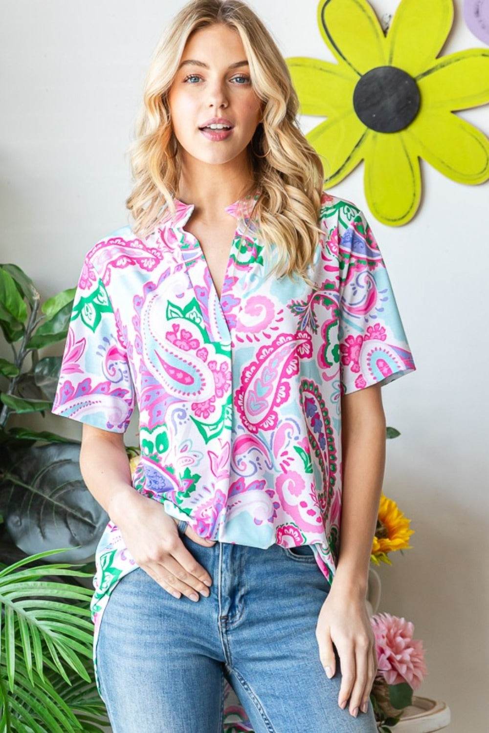 Heimish Full Size Paisley Print Short Sleeve Top - DaTrendStore.Com
