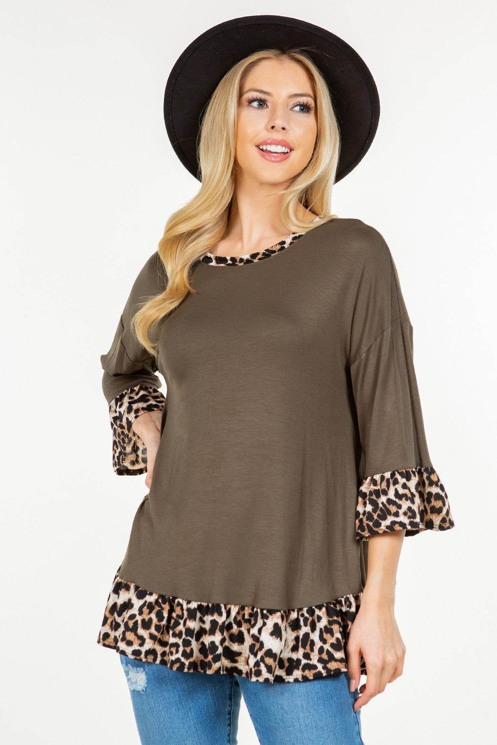 Celeste Full Size Flounce Sleeve Leopard Trim Top - DaTrendStore.Com