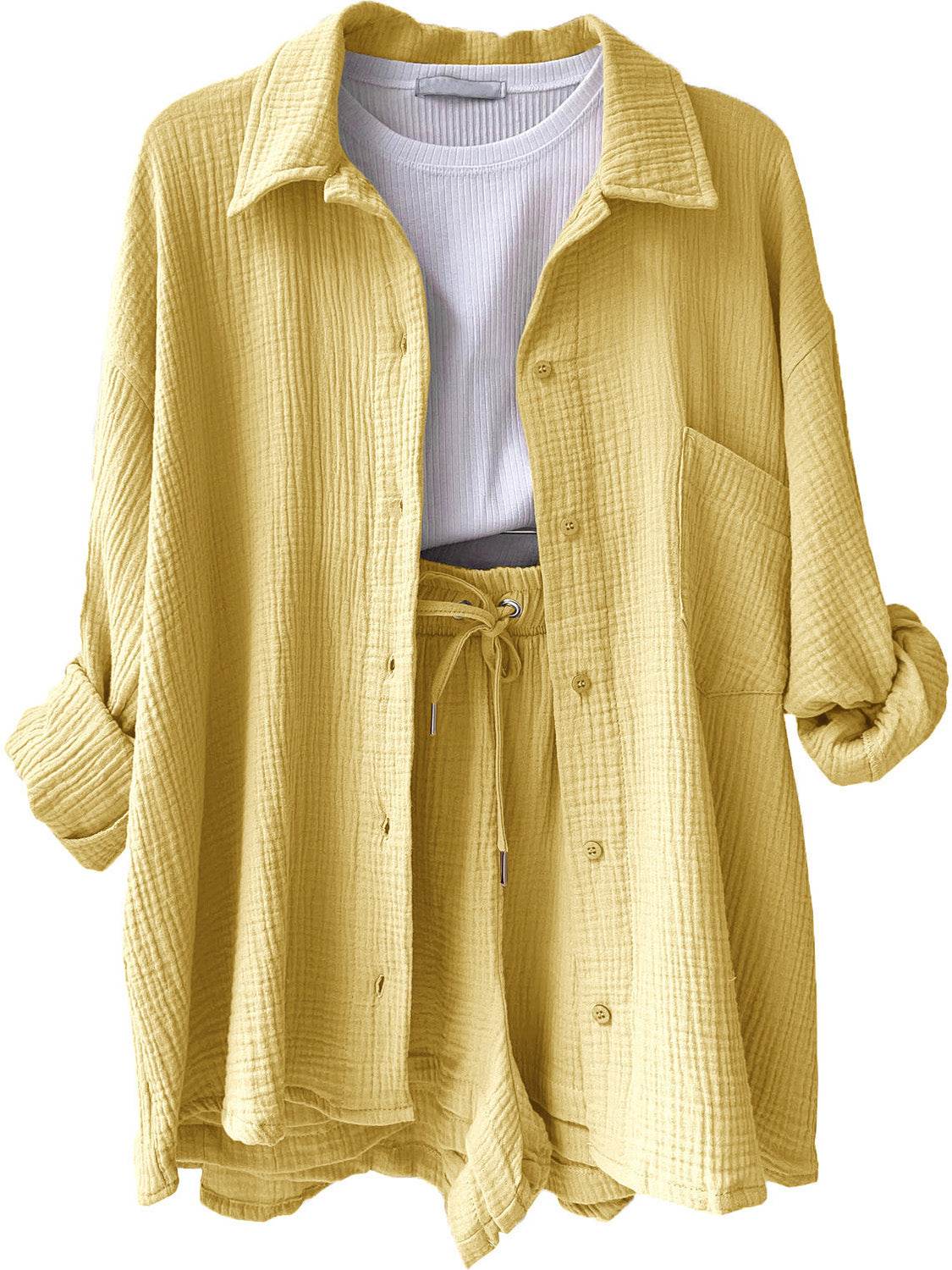 Texture Button Up Shirt and Drawstring Shorts Set - DaTrendStore.Com