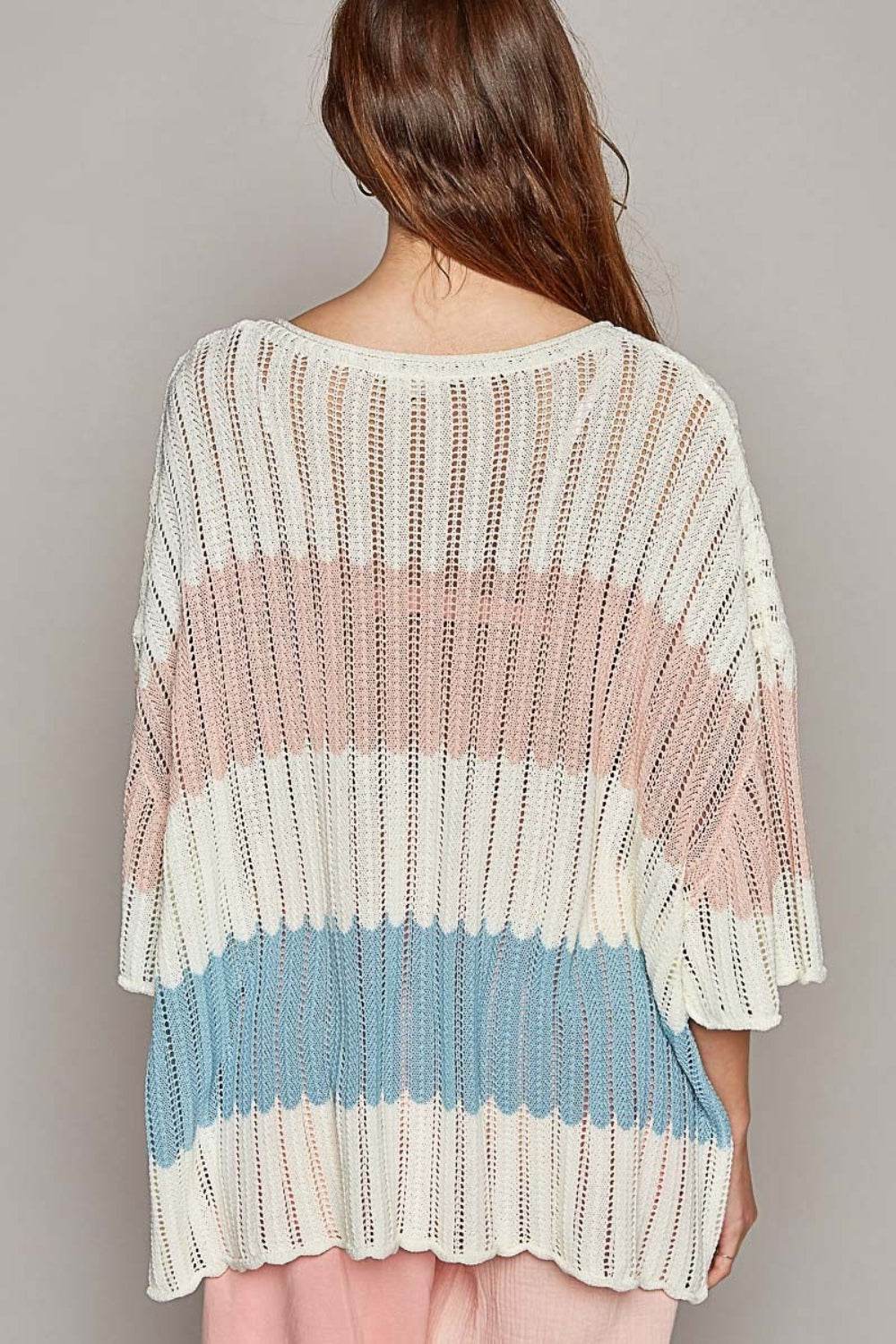 POL V-Neck Short Sleeve Stripe Weave Sweater - DaTrendStore.Com