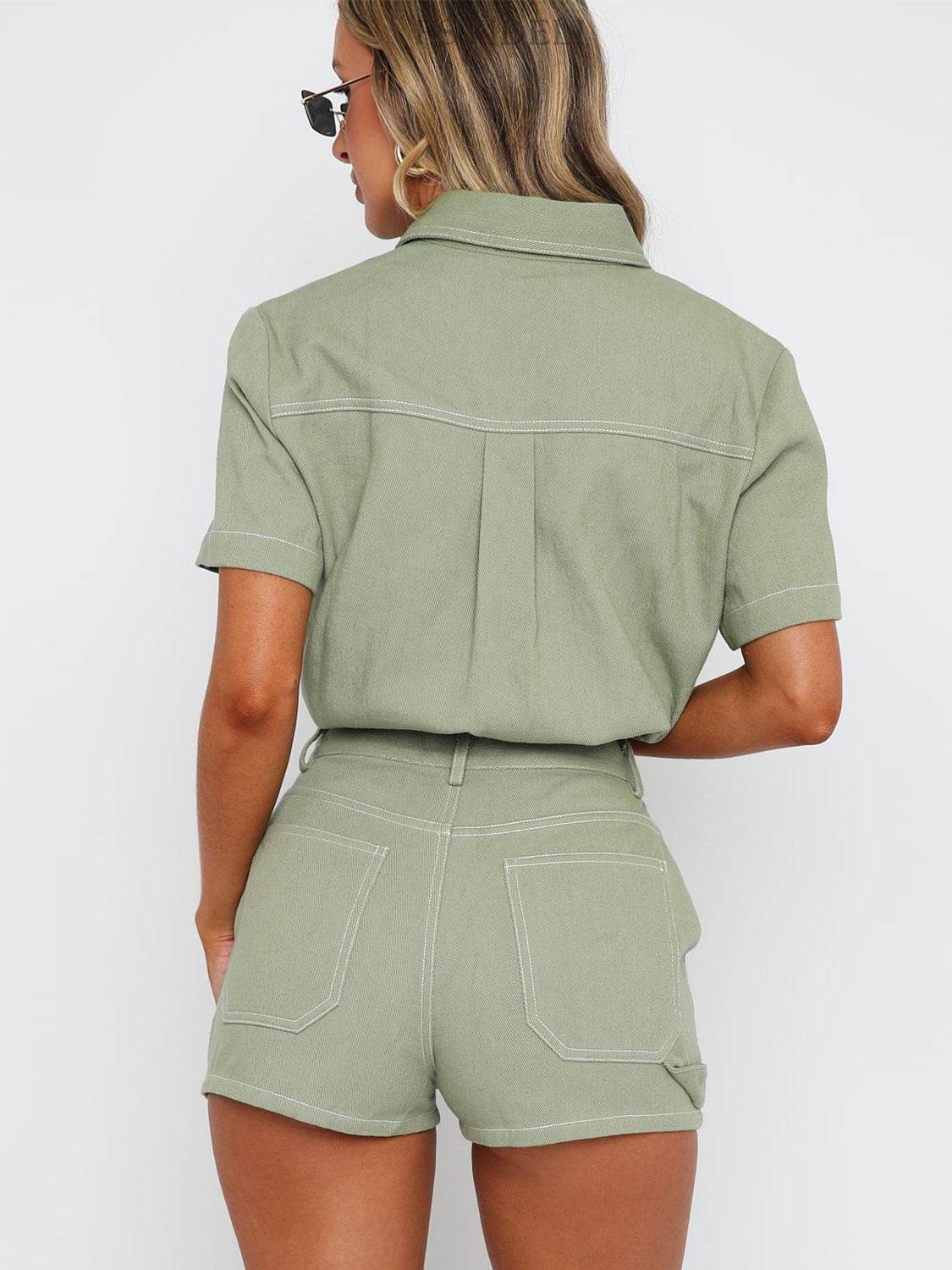 Pocketed Button Up Top and Shorts Set - DaTrendStore.Com