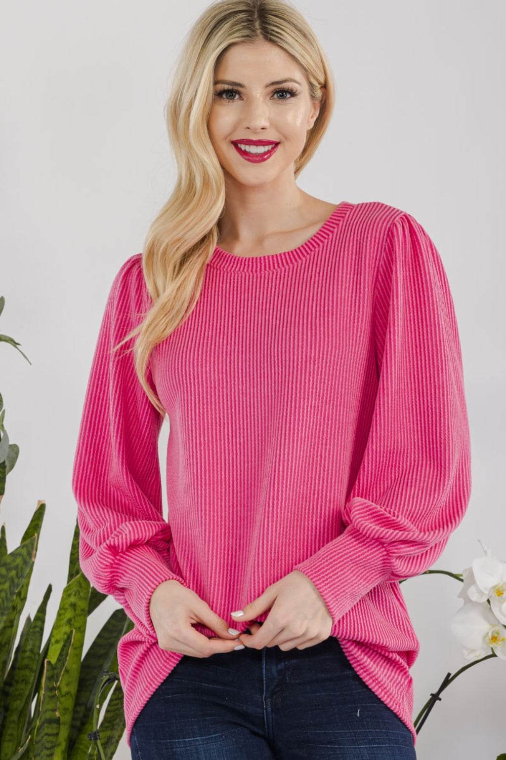Celeste Full Size Striped Round Neck Lantern Sleeve Top - DaTrendStore.Com