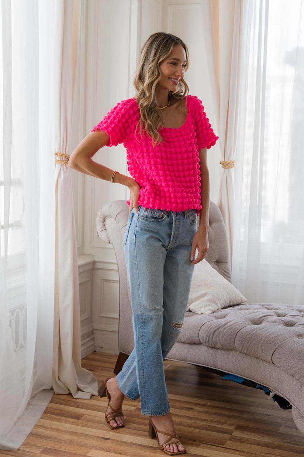 Sew In Love Bubble Textured Round Neck Short Sleeve T-Shirt - DaTrendStore.Com