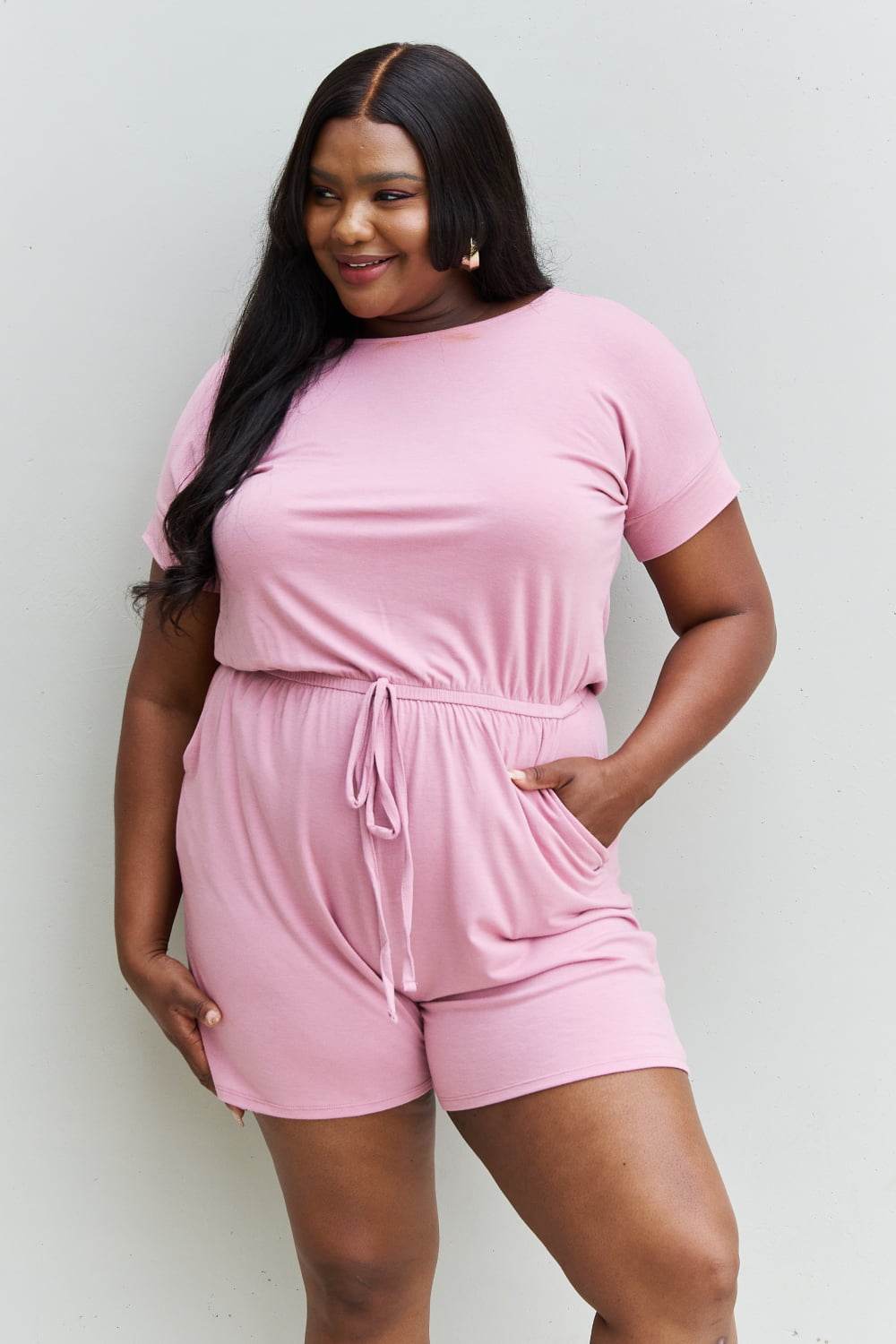 Zenana Chilled Out Full Size Short Sleeve Romper in Light Carnation Pink - DaTrendStore.Com