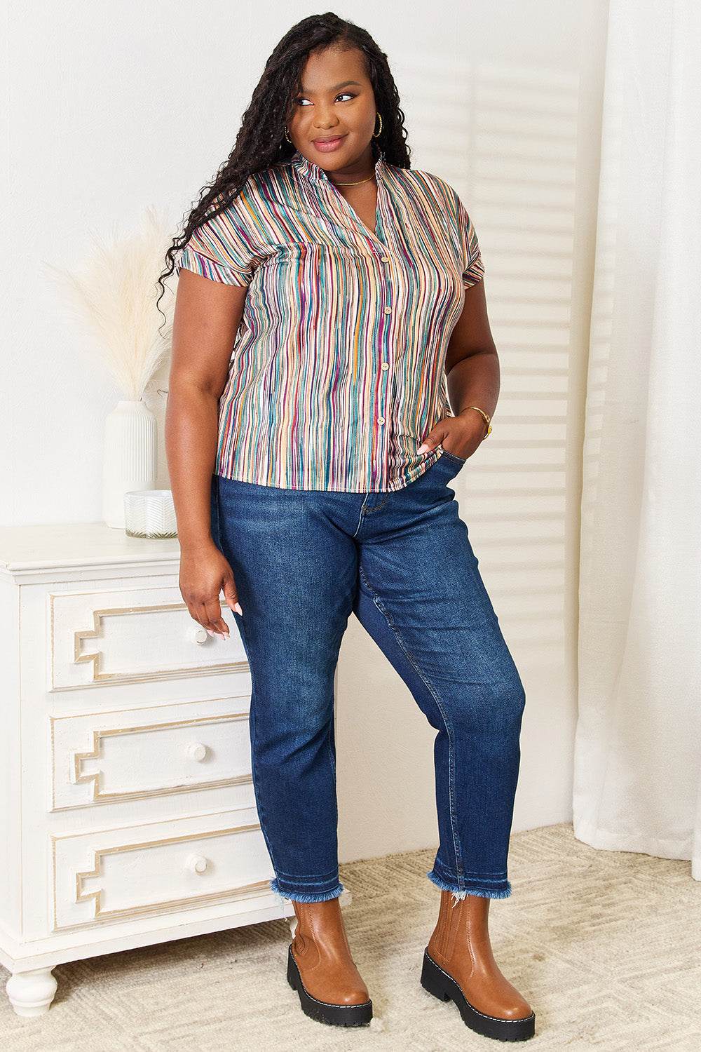 Shiny Multicolored Stripe Notched Neck Top - DaTrendStore.Com