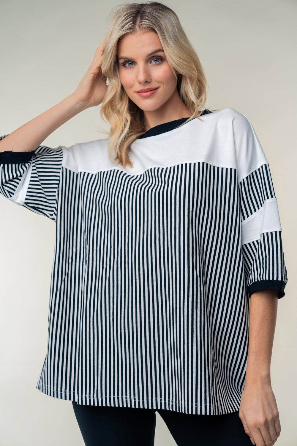 White Birch Full Size Striped Contrast Round Neck Top - DaTrendStore.Com