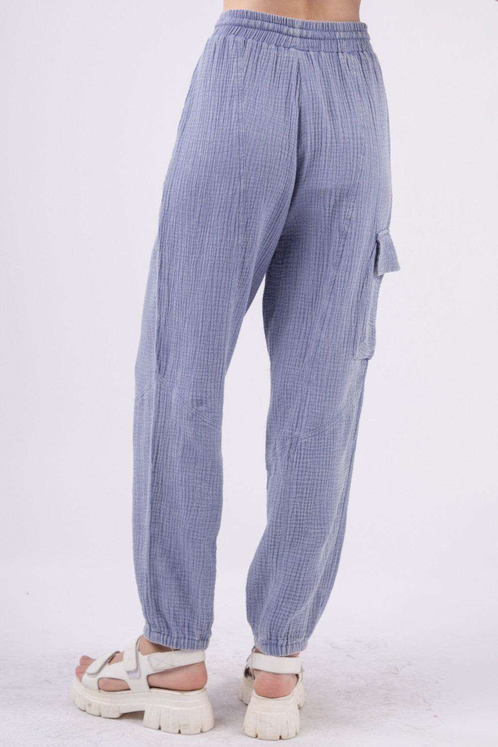 VERY J Washed Woven Crinkle Gauze Drawstring Cargo Pants - DaTrendStore.Com