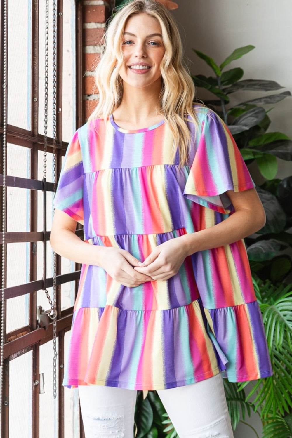 Heimish Full Size Short Sleeve Striped Tiered Top - DaTrendStore.Com