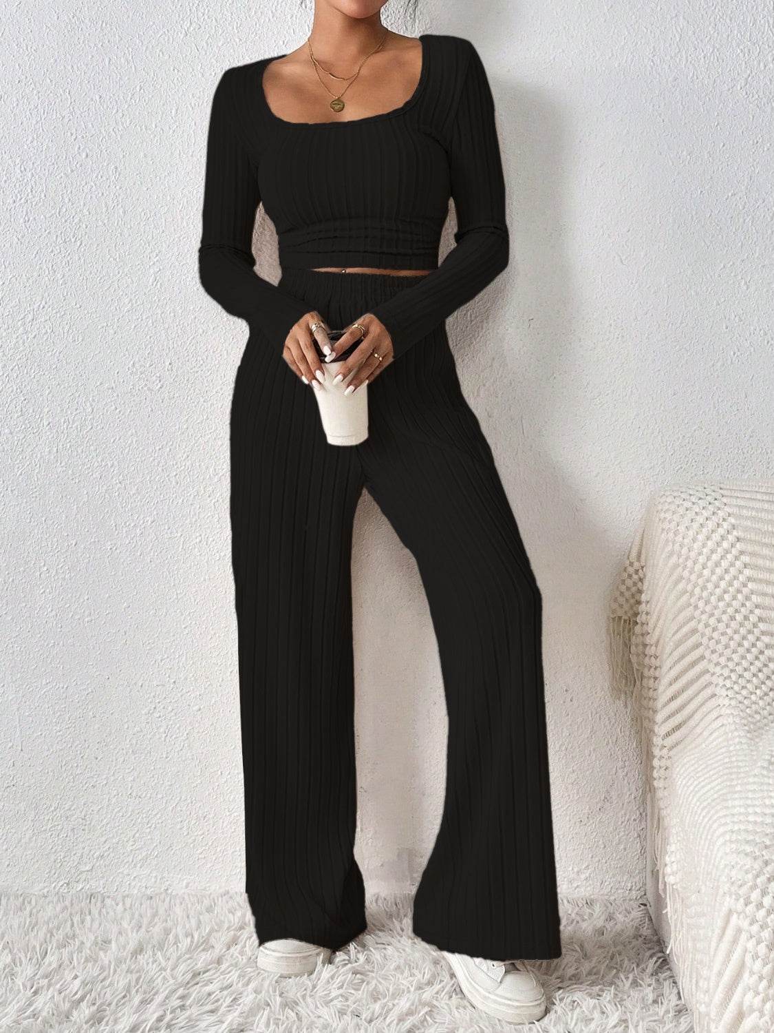 Honey Scoop Neck Long Sleeve Top and Pants Set - DaTrendStore.Com
