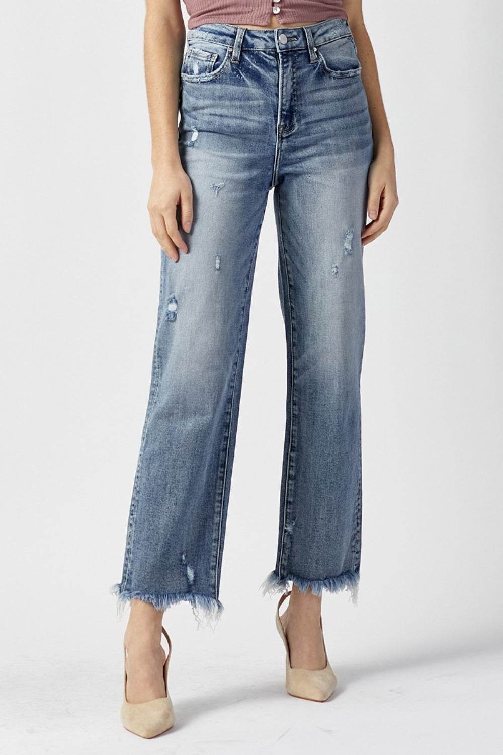 RISEN High Waist Raw Hem Straight Jeans - DaTrendStore.Com