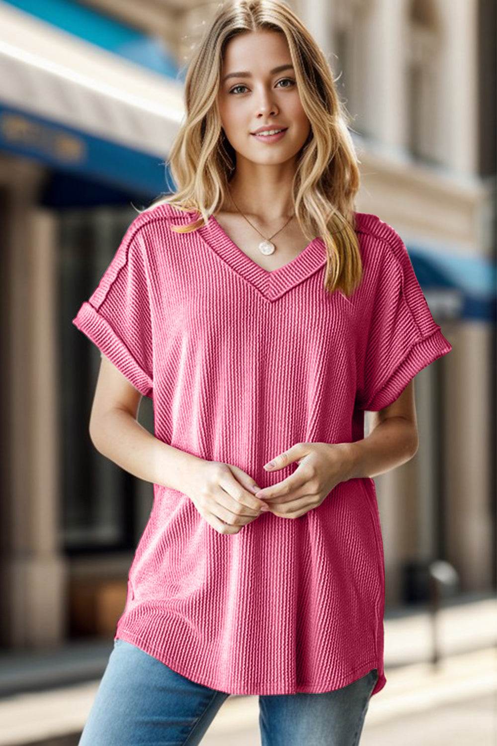 Heimish Full Size Exposed Seam Short Sleeve Ribbed Top - DaTrendStore.Com