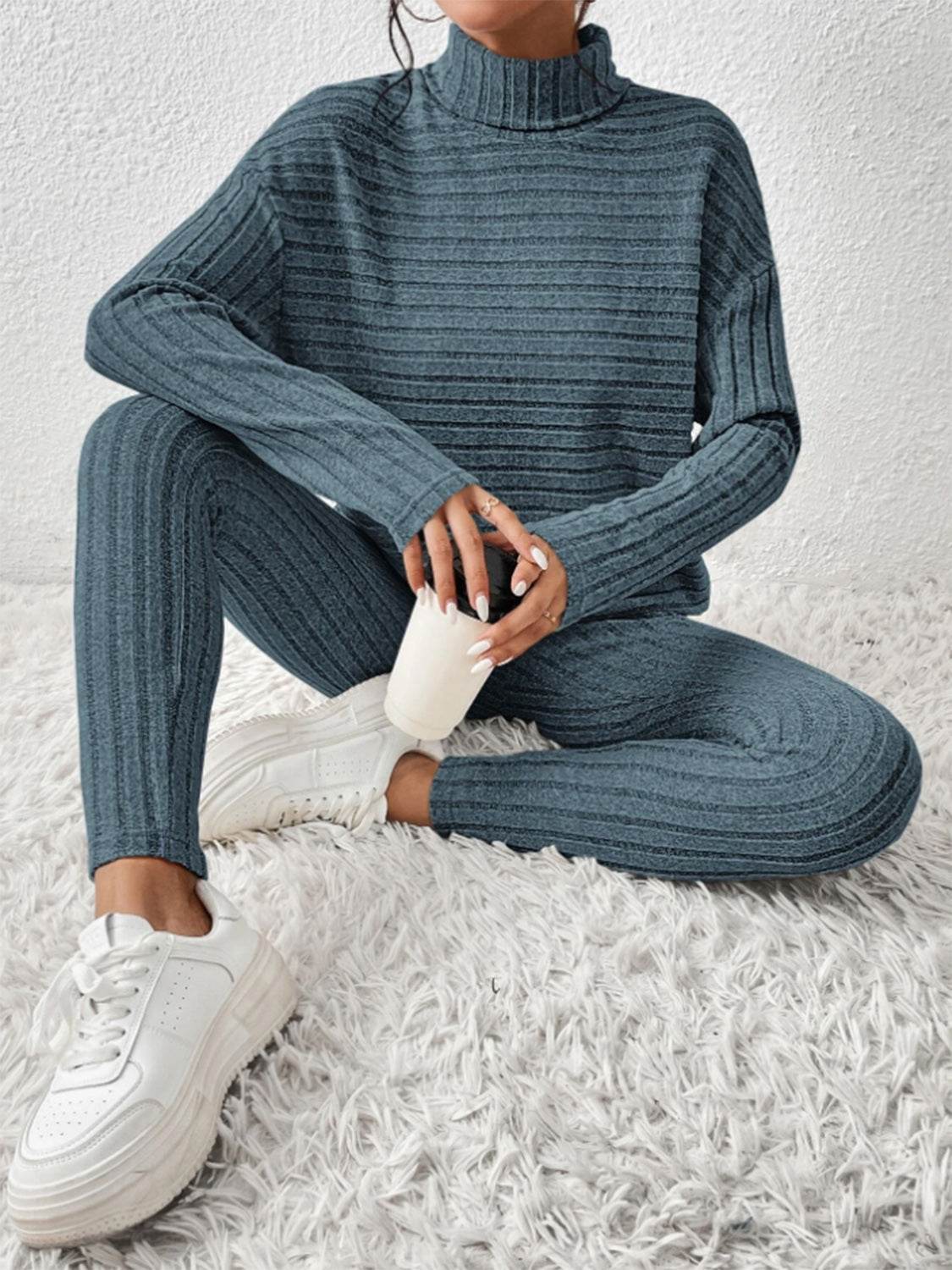 Ribbed Turtleneck Top and Pants Set - DaTrendStore.Com