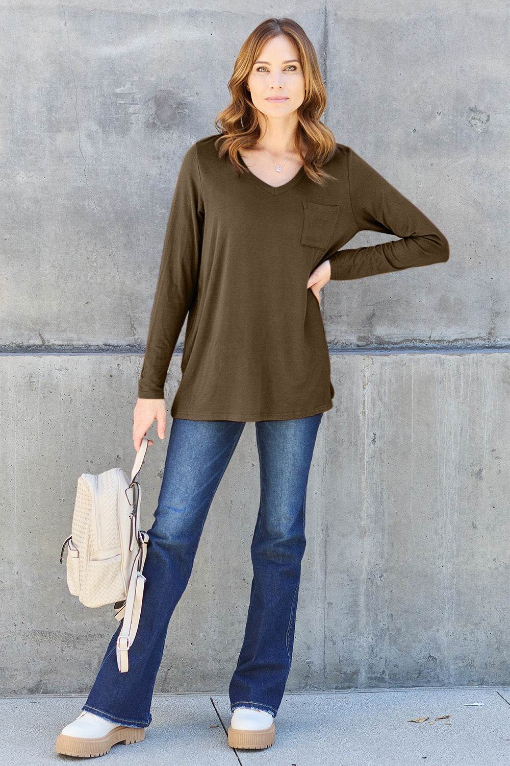 Basic Bae Full Size V-Neck Long Sleeve Top - DaTrendStore.Com