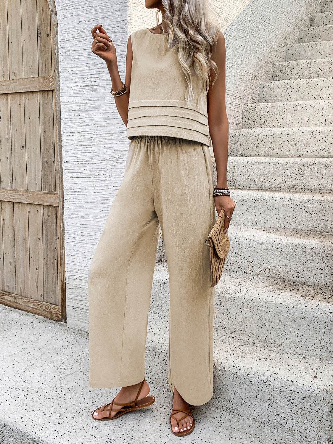 Honey Round Neck Sleeveless Top and Wide Leg Pants Set - DaTrendStore.Com