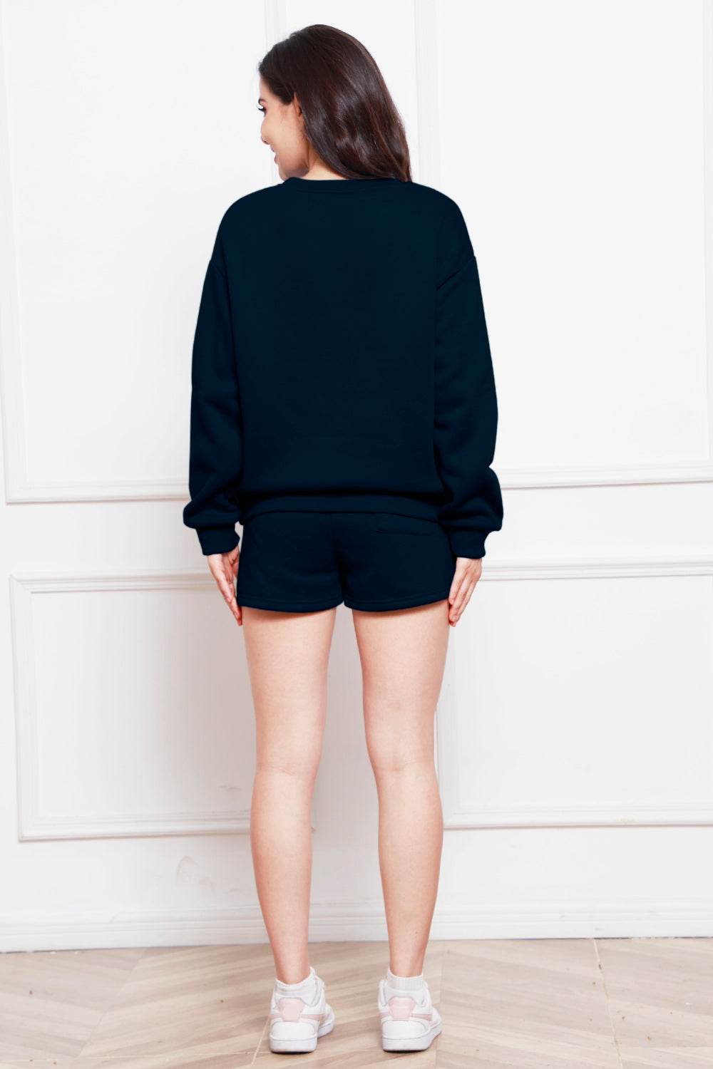 Round Neck Long Sleeve Sweatshirt and Drawstring Shorts Set - DaTrendStore.Com