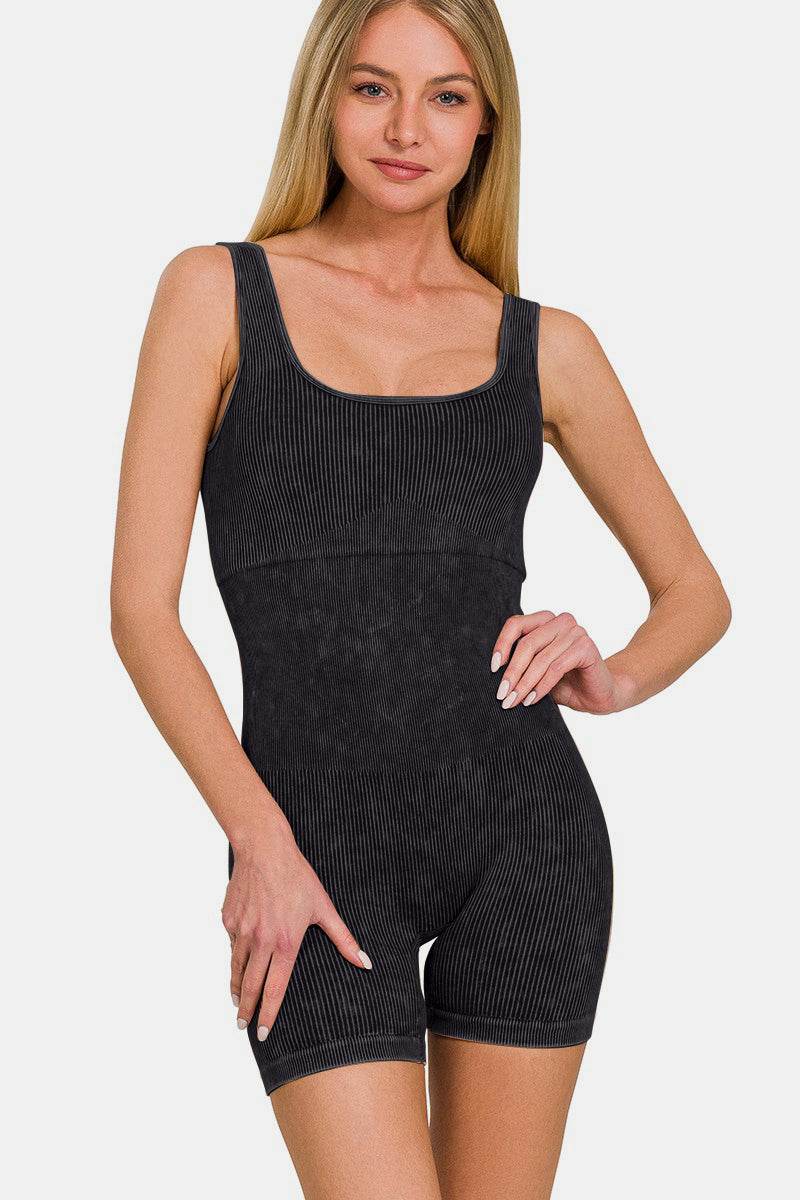 Zenana Washed Ribbed Romper with Pad - DaTrendStore.Com