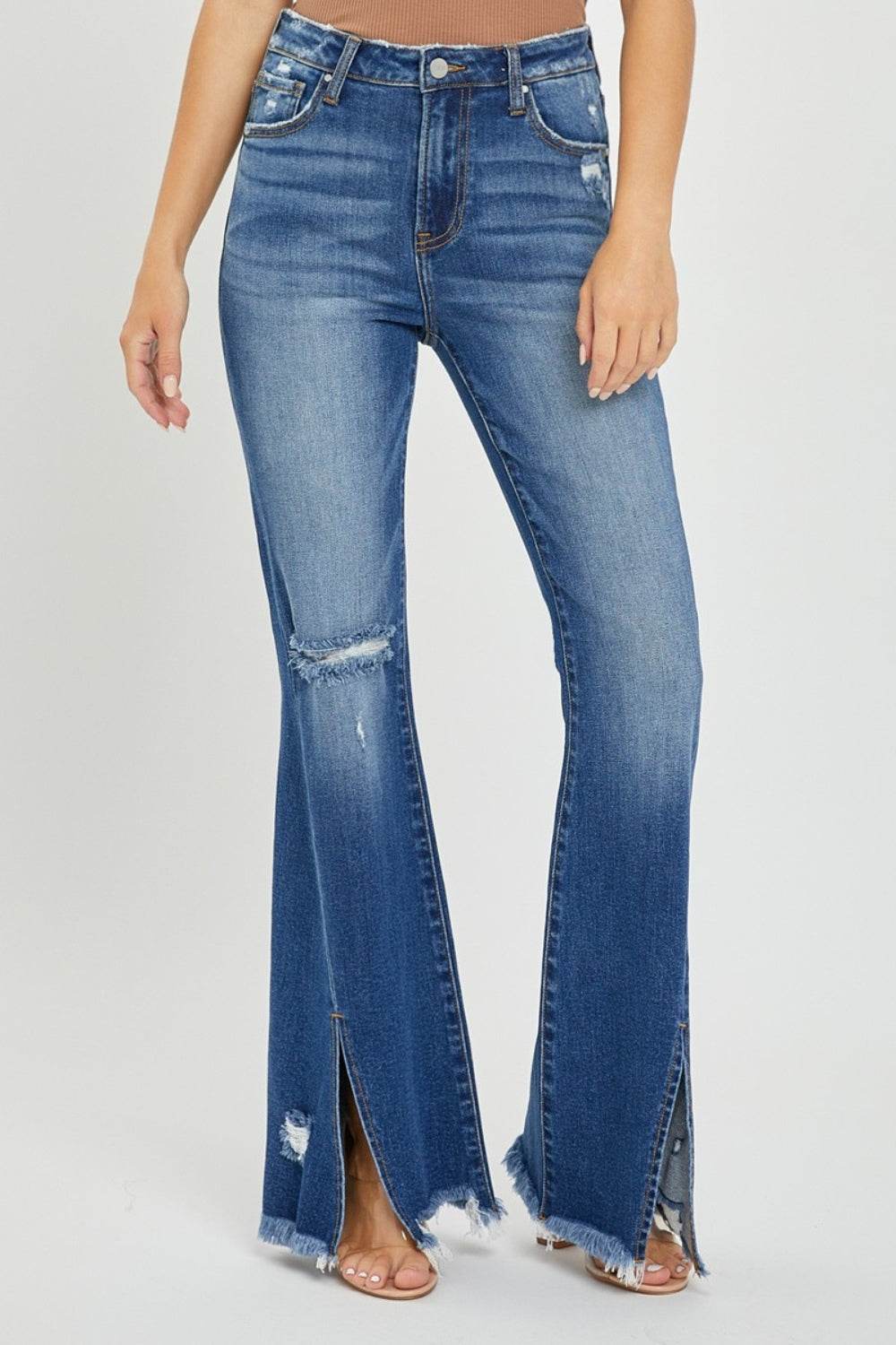 RISEN Full Size High Rise Front Slit Frayed Hem Flare Jeans - DaTrendStore.Com