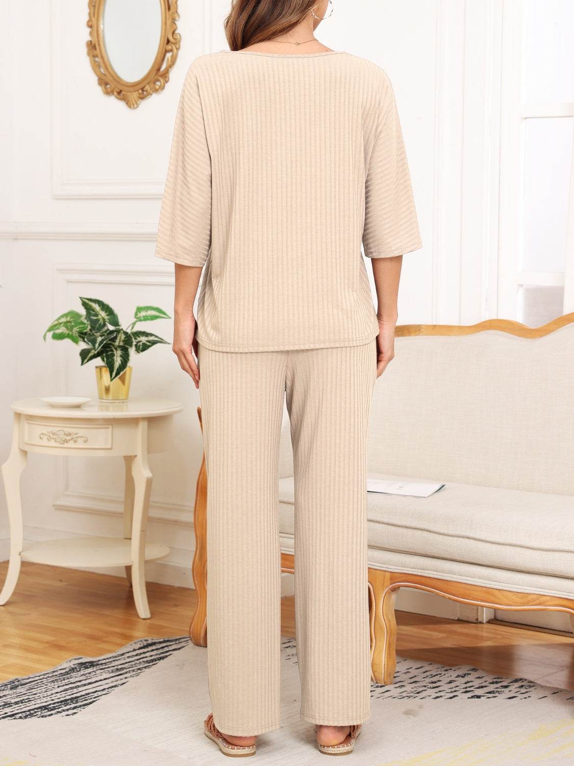 Ribbed Half Sleeve Top and Pocketed Pants Set - DaTrendStore.Com
