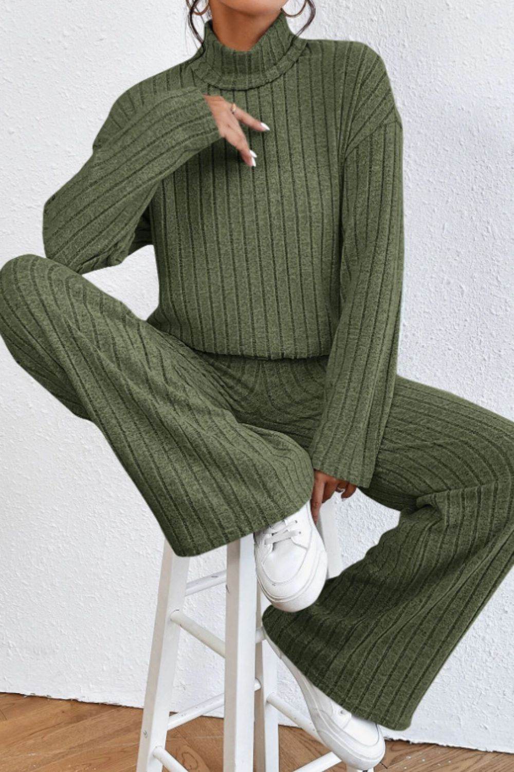 Mock Neck Dropped Shoulder Top and Pants Set - DaTrendStore.Com