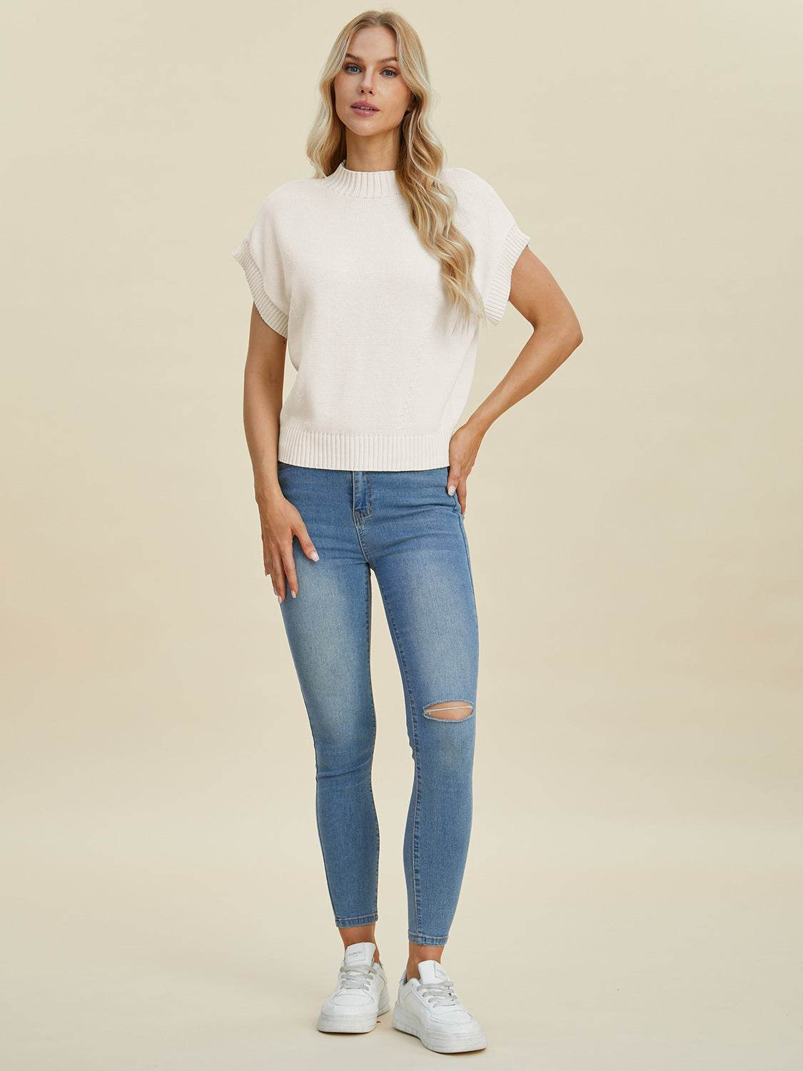 Double Take Full Size Mock Neck Short Sleeve Sweater - DaTrendStore.Com
