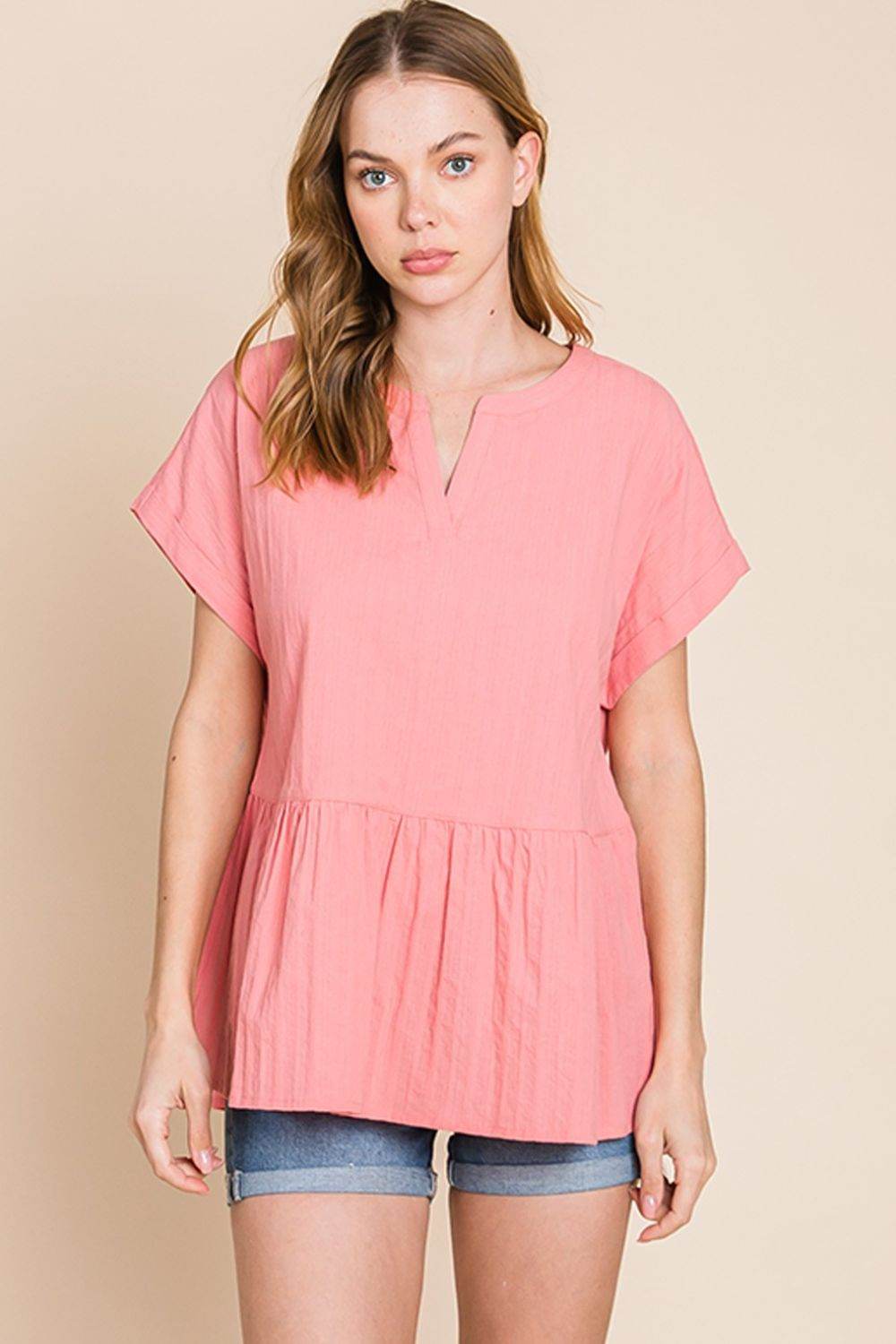 Cotton Bleu by Nu Label Notched Short Sleeve Peplum Top - DaTrendStore.Com