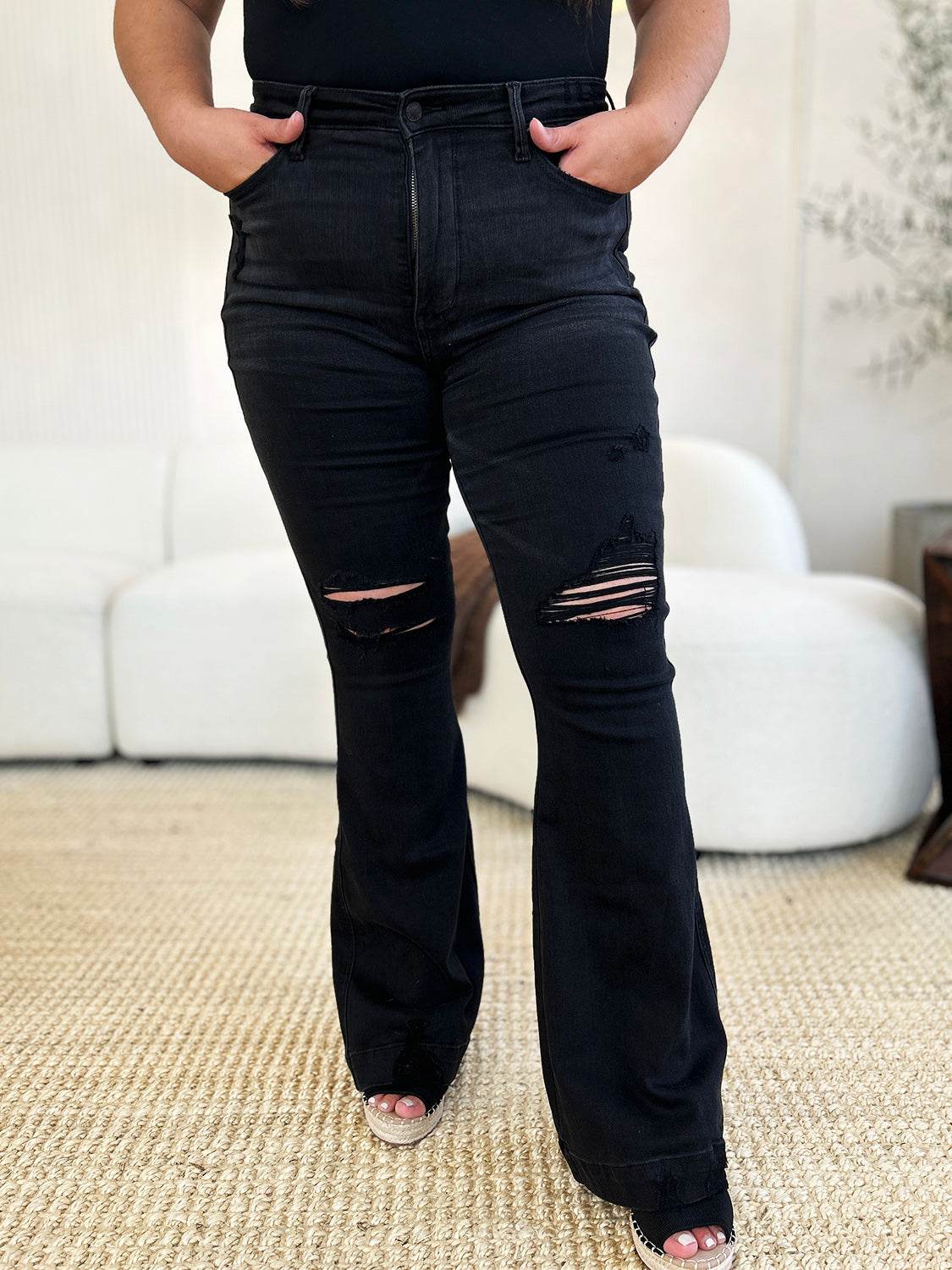 Judy Blue Full Size High Waist Distressed Flare Jeans - DaTrendStore.Com