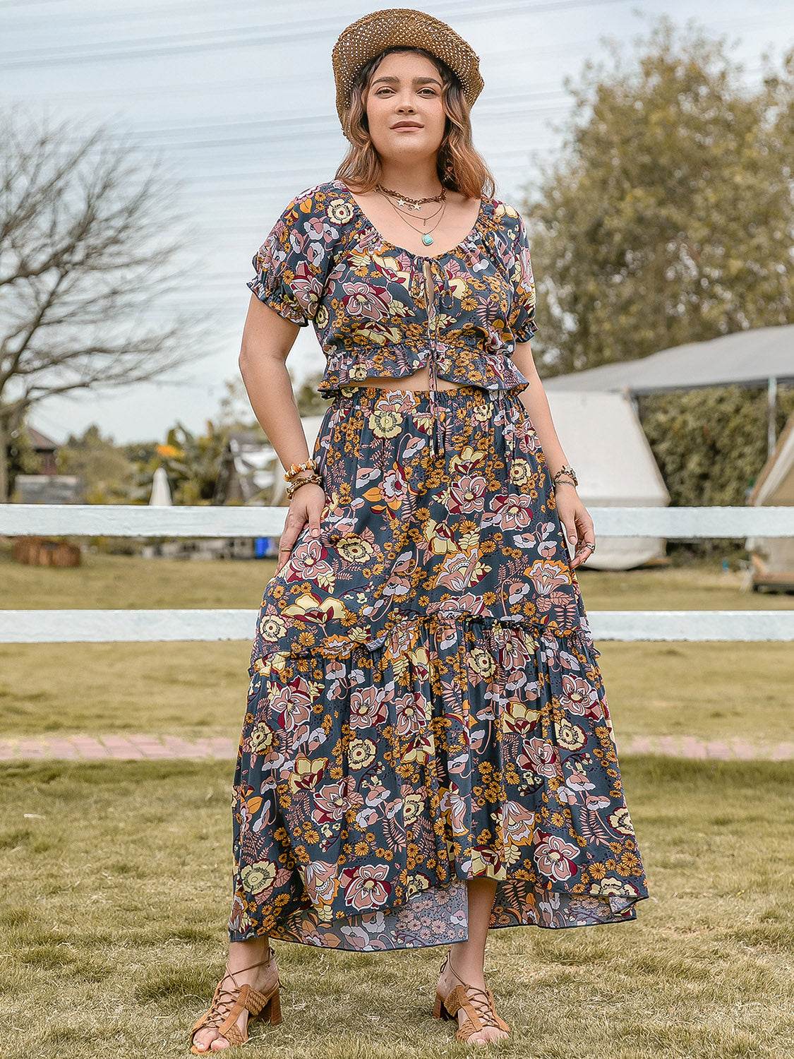 Plus Size Tie Neck Short Sleeve Top and Skirt Set - DaTrendStore.Com