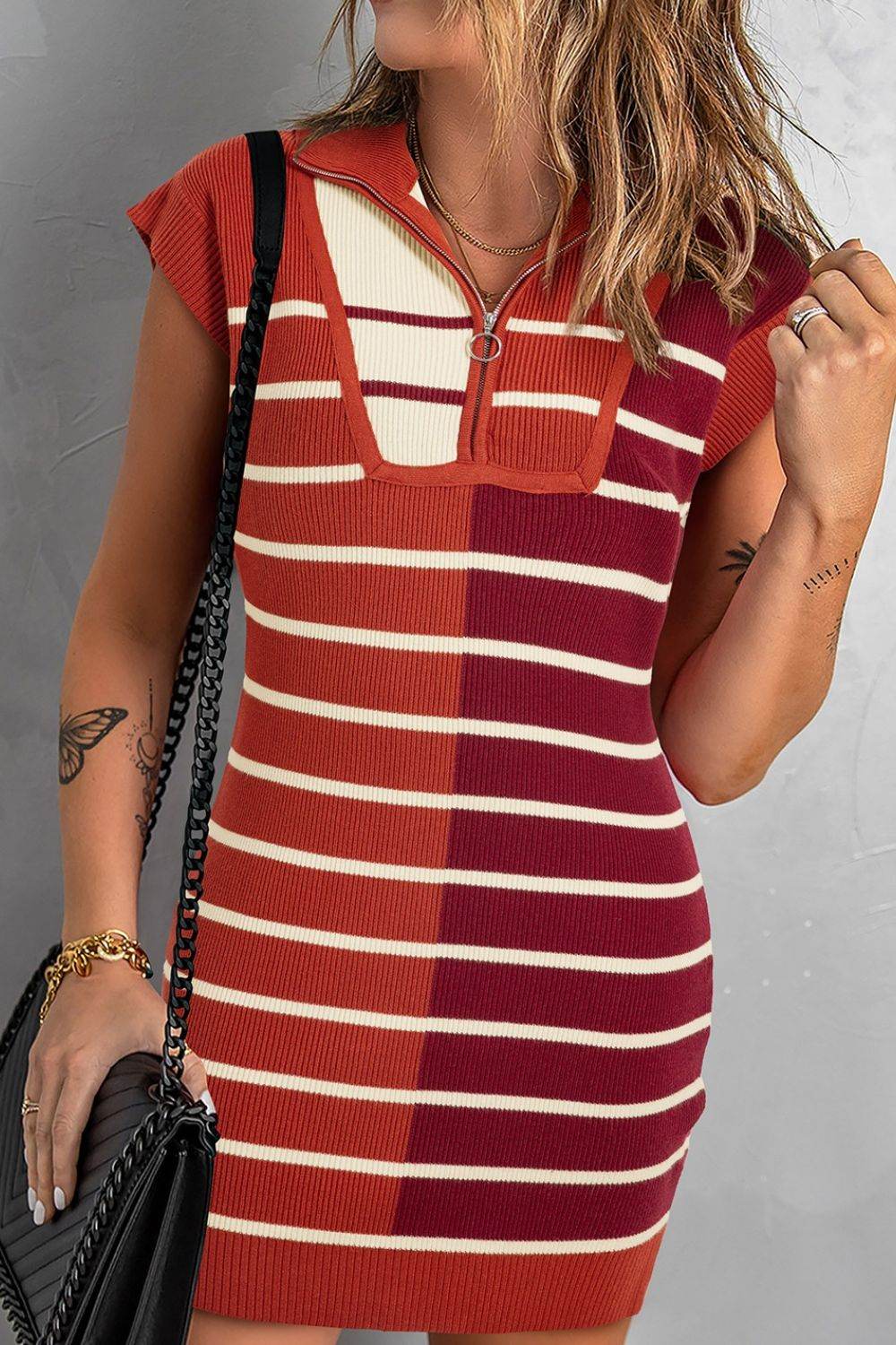 Striped Quarter Zip Cap Sleeve Sweater Dress - DaTrendStore.Com