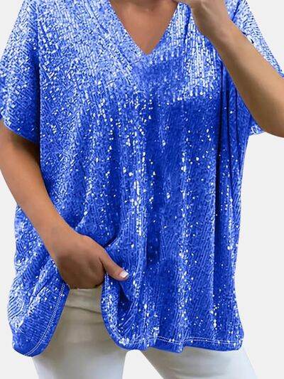 Full Size Sequin V-Neck Short Sleeve Top - DaTrendStore.Com