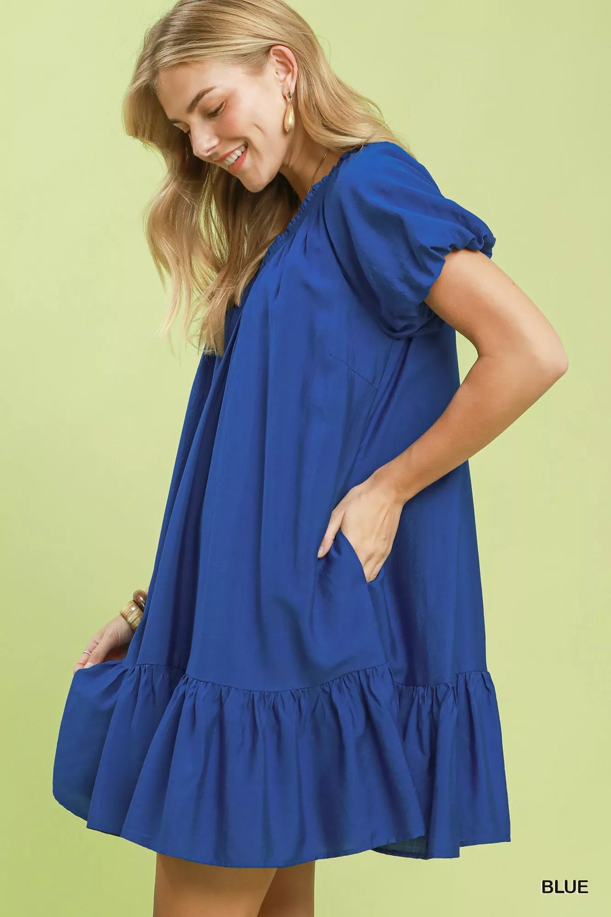 Umgee Ruffle Hem Shift Mini Dress - Blue