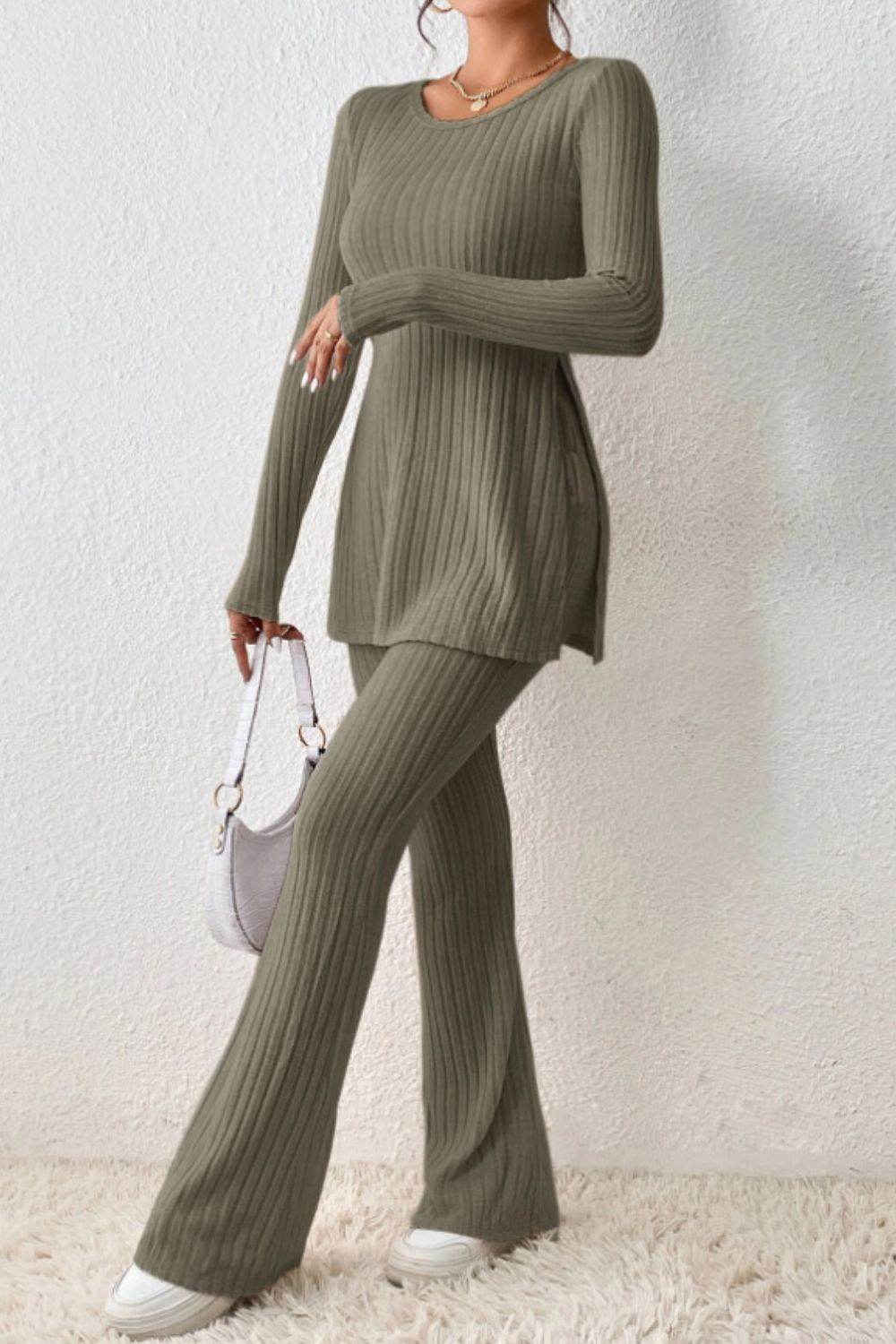 Ribbed Long Sleeve Slit Top and Bootcut Pants Set - DaTrendStore.Com