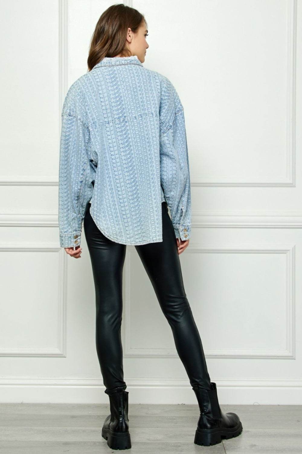 Veveret Button Up Dropped Shoulder Denim Top - DaTrendStore.Com