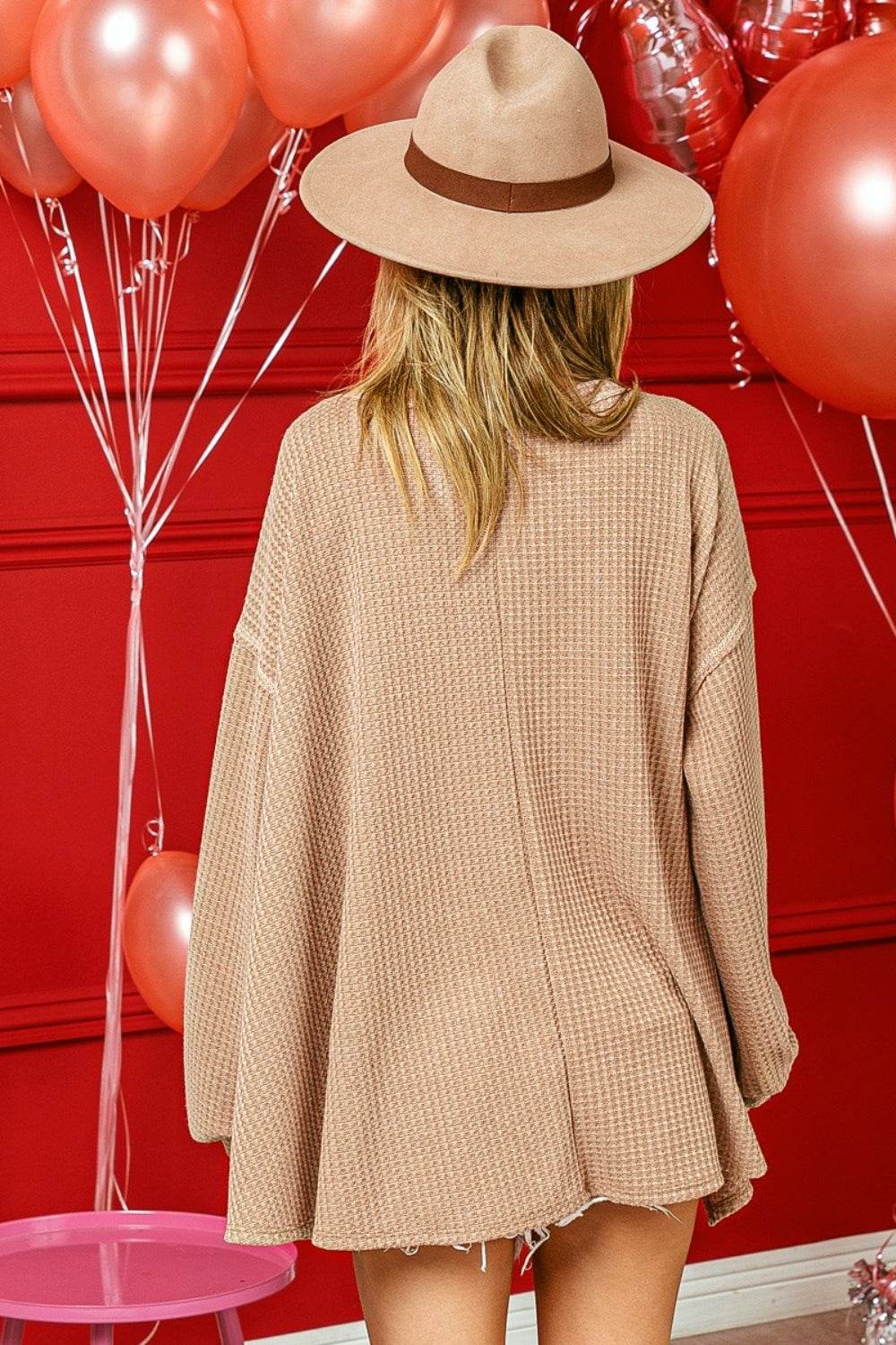 BiBi V-Neck Waffle Uneven Hem Top - DaTrendStore.Com