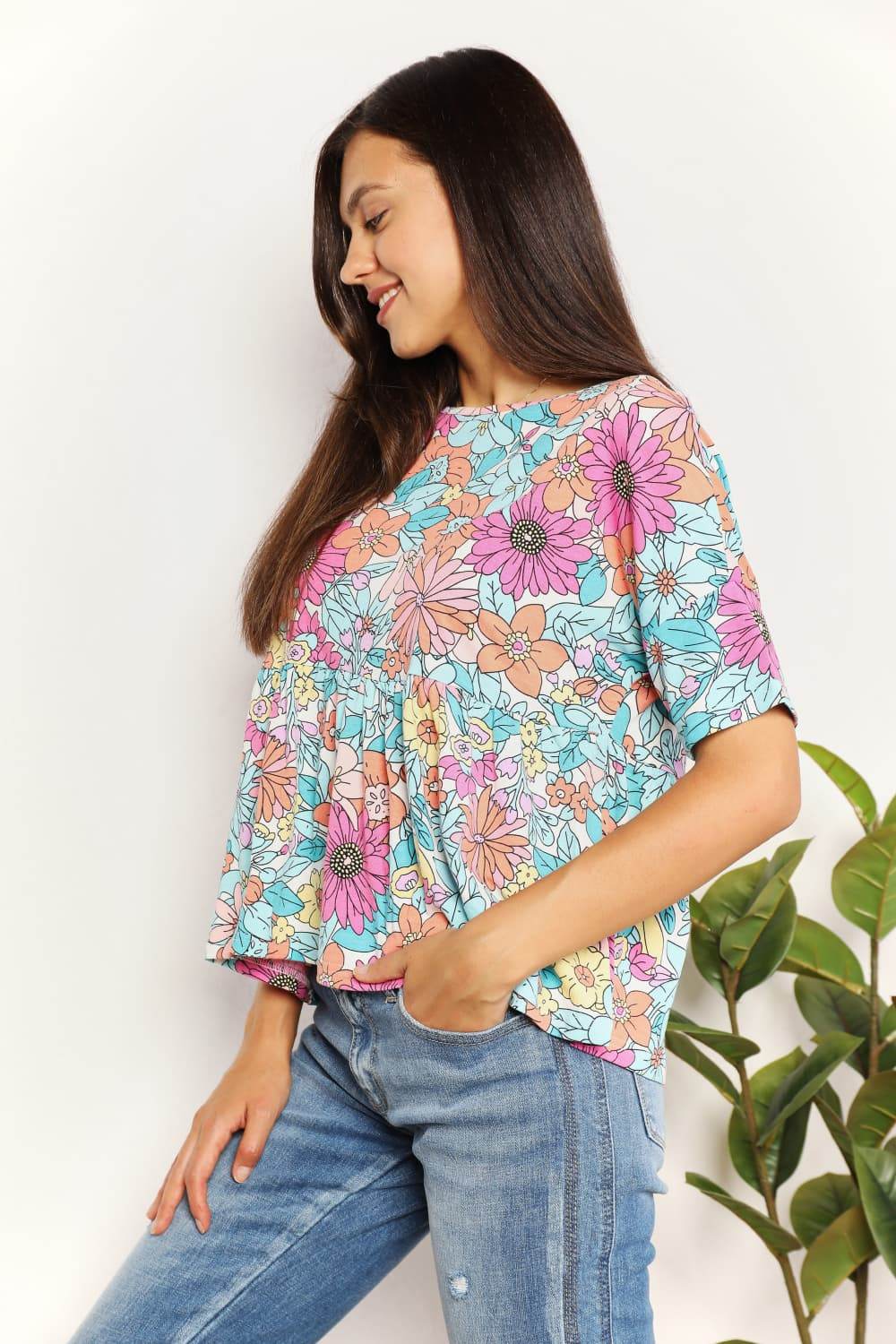 Double Take Floral Round Neck Babydoll Top - DaTrendStore.Com