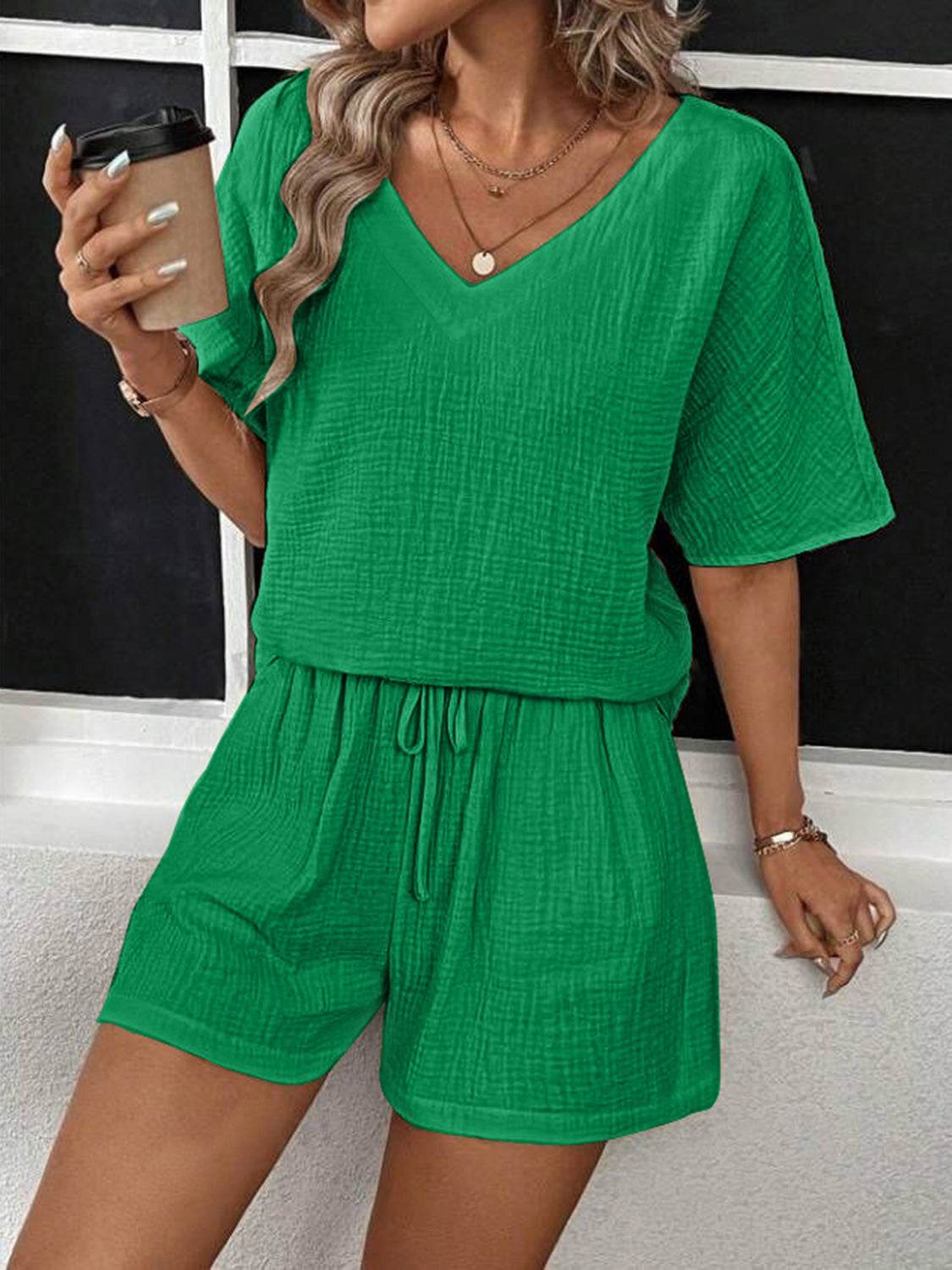 V-Neck Half Sleeve Top and Shorts Set - DaTrendStore.Com