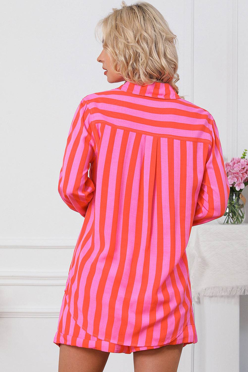 Striped Pocketed Button Up Shirt and Shorts Set - DaTrendStore.Com