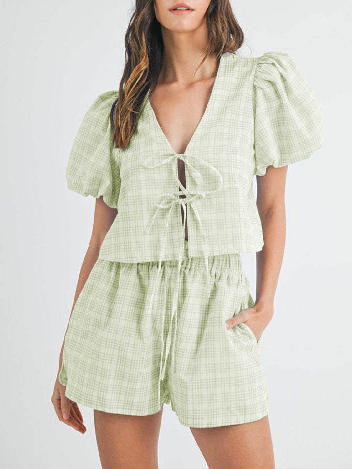 V-Neck Puff Sleeve Top and Shorts Set - DaTrendStore.Com