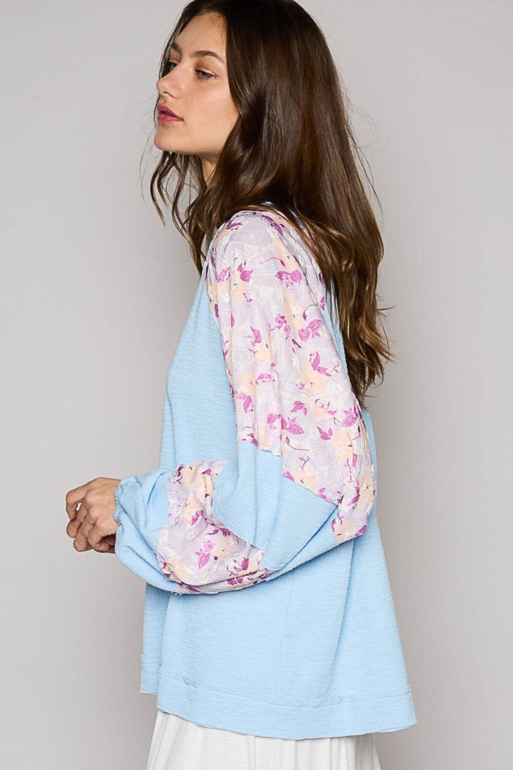 POL Round Neck Balloon Floral Long Sleeve Top - DaTrendStore.Com