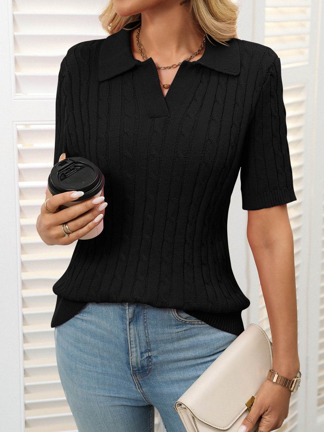 Mandy Cable Knit Johnny Collar Half Sleeve Sweater - DaTrendStore.Com