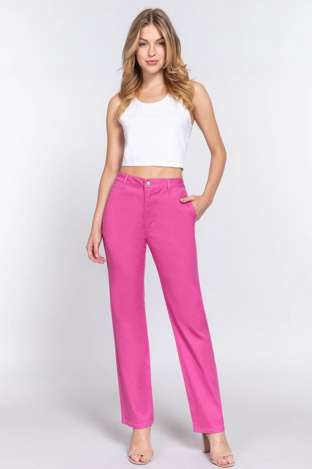 ACTIVE BASIC High Waist Straight Twill Pants - DaTrendStore.Com