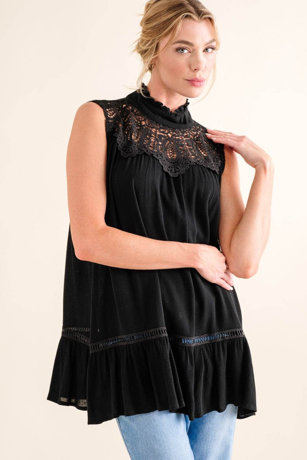 And The Why Lace Detail Sleeveless Ruffled Top - DaTrendStore.Com