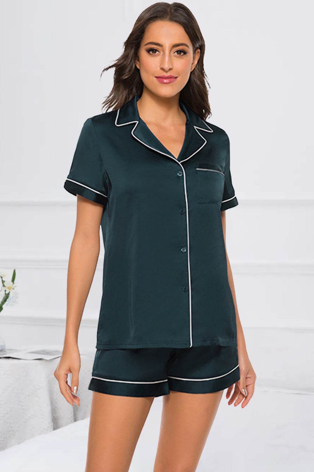 Printed Button Up Short Sleeve Top and Shorts Lounge Set - DaTrendStore.Com