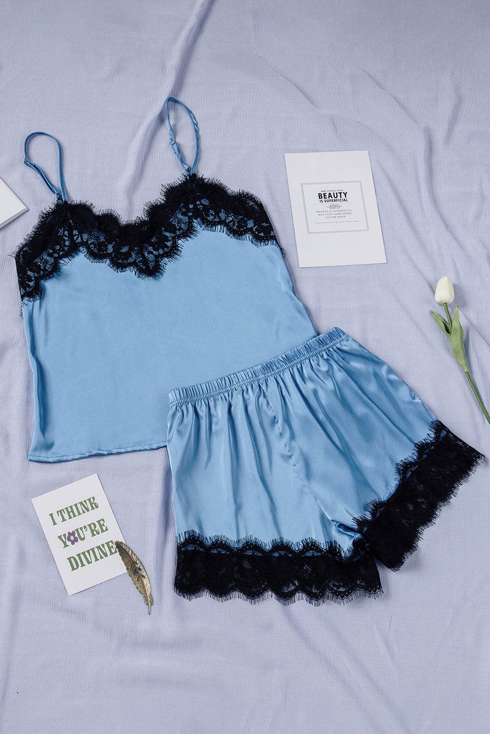 Lace Detail Spaghetti Strap Top and Shorts Lounge Set - DaTrendStore.Com