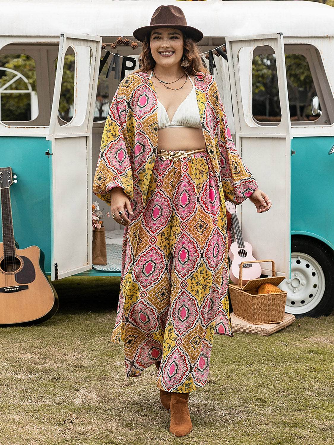 Plus Size Printed Open Front Cover Up and Pants Set - DaTrendStore.Com