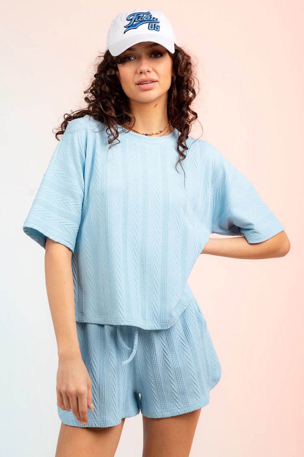 Textured Round Neck Top and Shorts Set - DaTrendStore.Com