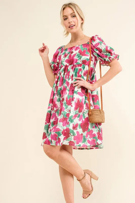 And The Why Fuchsia Smocked Floral Mini Dress