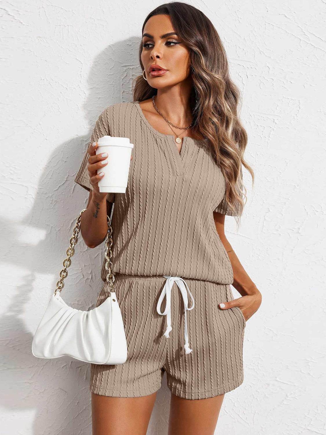 Notched Short Sleeve Top and Shorts Set - DaTrendStore.Com