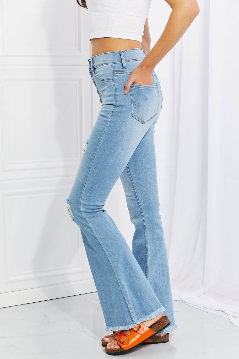 Vibrant MIU Full Size Jess Button Flare Jeans - DaTrendStore.Com