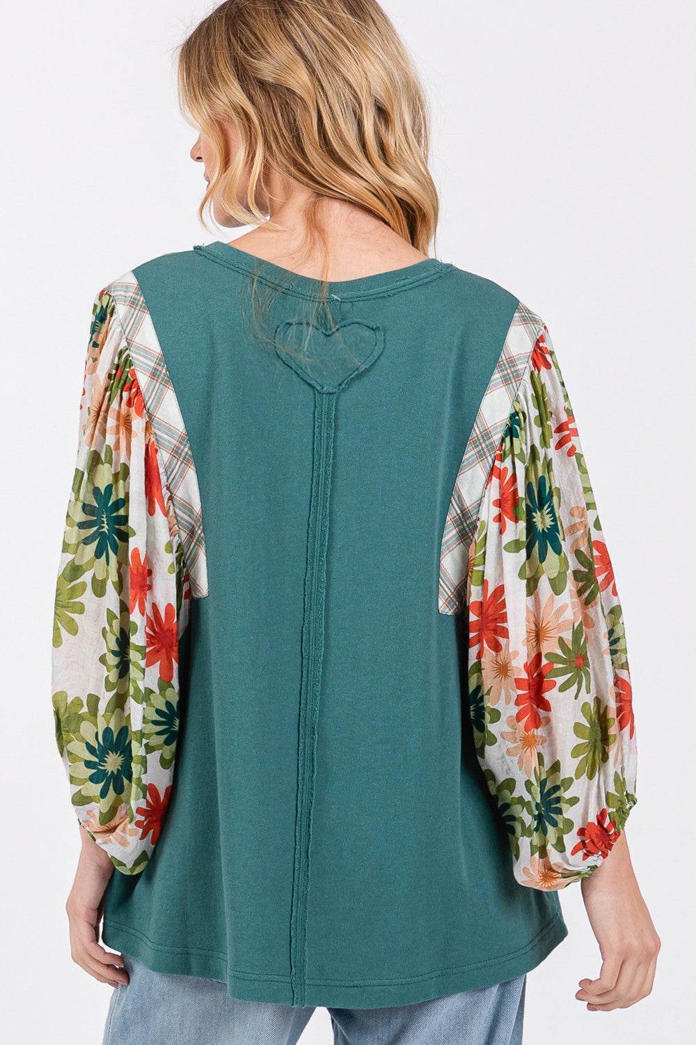 SAGE + FIG Full Size Printed Balloon Sleeve Contrast Top - DaTrendStore.Com