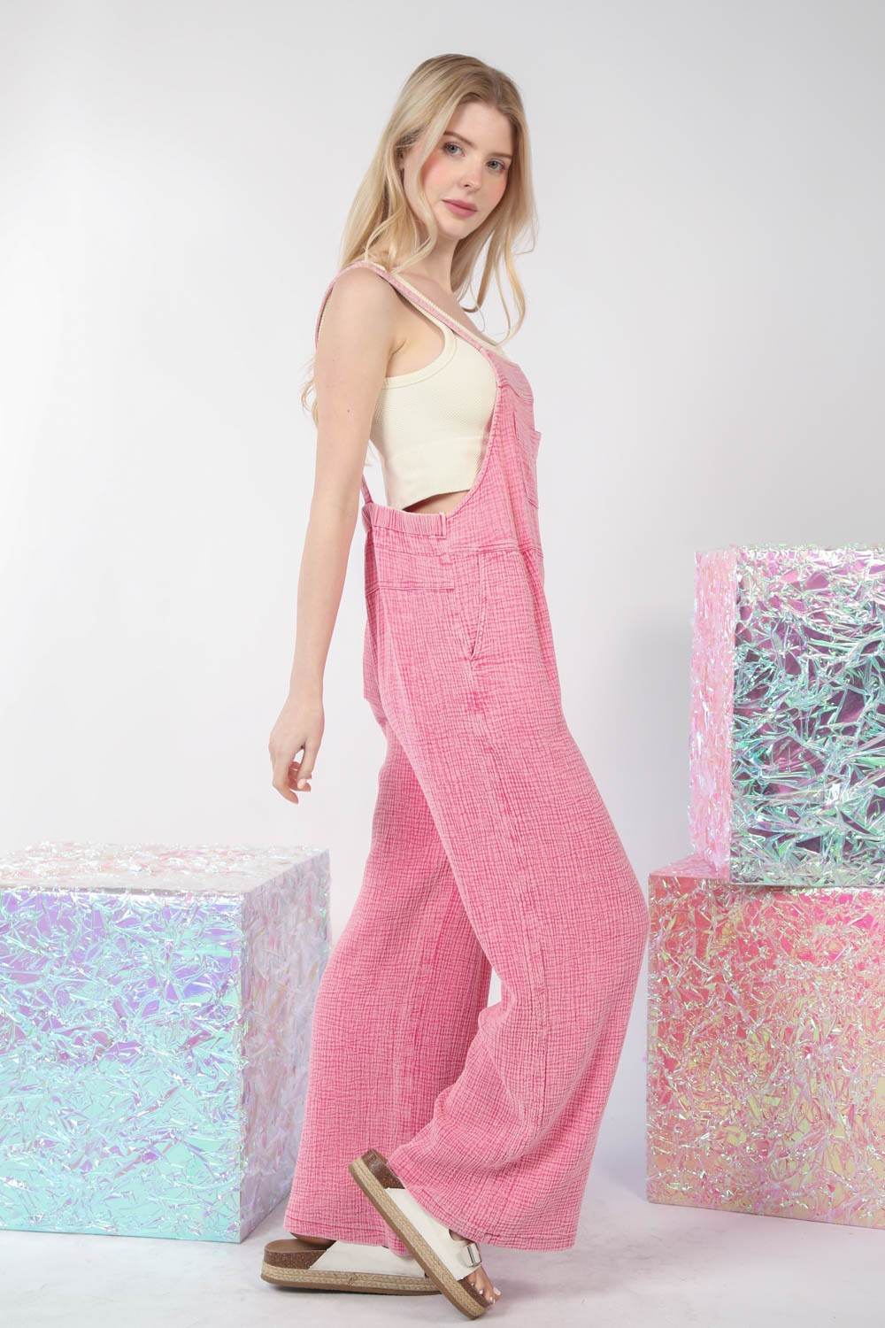 VERY J Texture Washed Wide Leg Overalls - DaTrendStore.Com